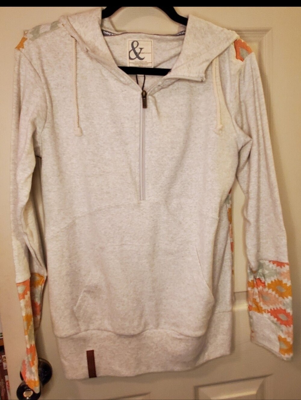 Ampersand Ave Heather Cream Half-Zip Hoodie with Aztec Print